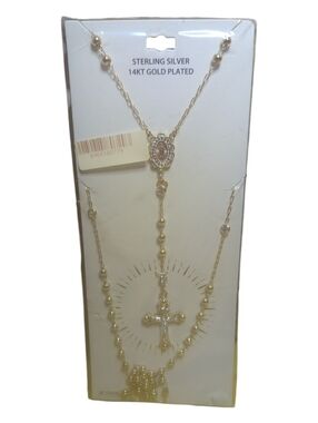 Sterling Silver 14KT Gold Plated Rosary Necklace Rhinestones Jesus Cross